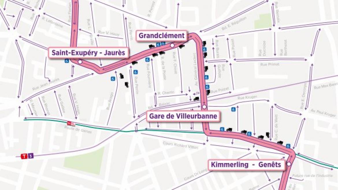 Plan entre les arrêts Saint-Exupéry - Jaurès et Kimmerling - Genêts.